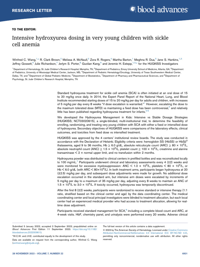 Intensive Hydroxyurea Dosing in Very Young Children With Sickle Cell ...