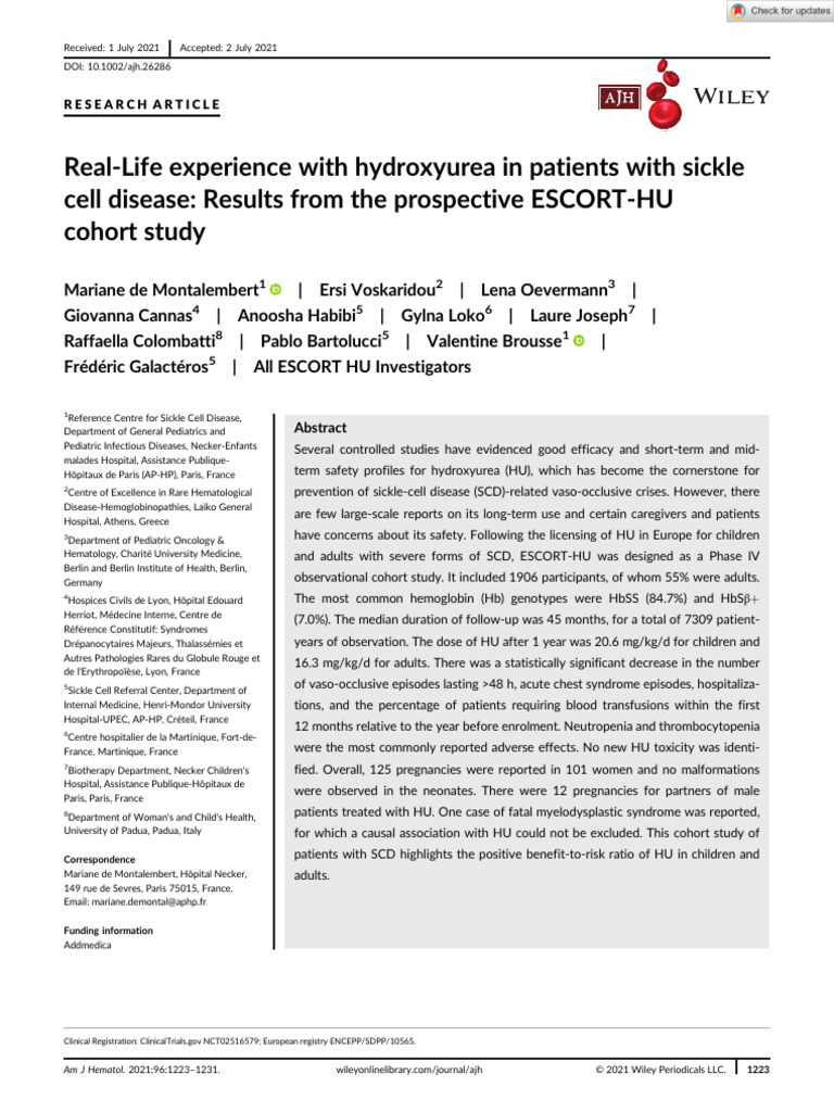 Real Life Experience With Hydroxyurea in Patients With Sickle Cell ...