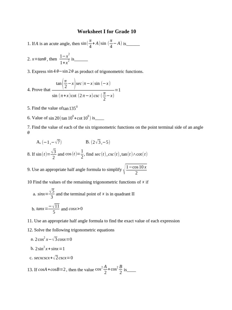 Grade 10 Trigonometry Worksheet | PDF