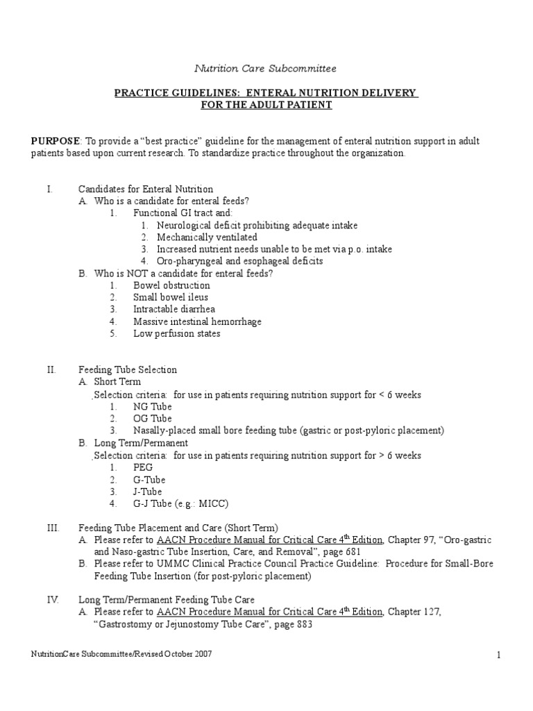 Practice Guidelines: Enteral Nutrition Delivery For The Adult Patient ...