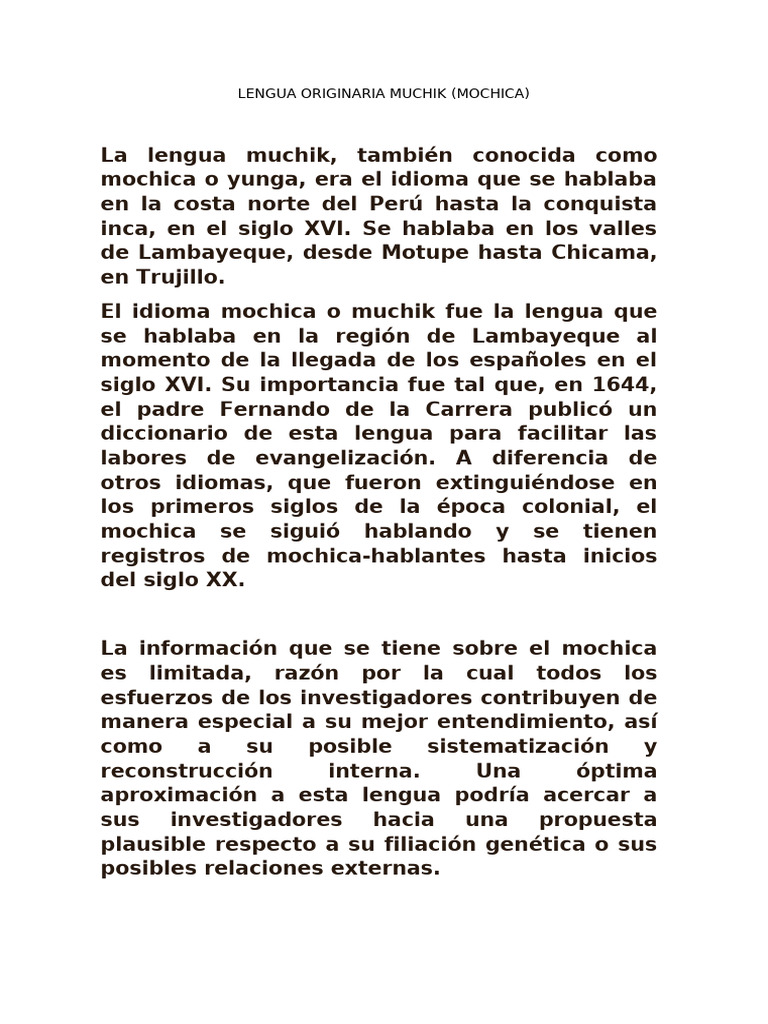 Lengua Originaria Muchik Informe | PDF | Comunicación humana | Lingüística