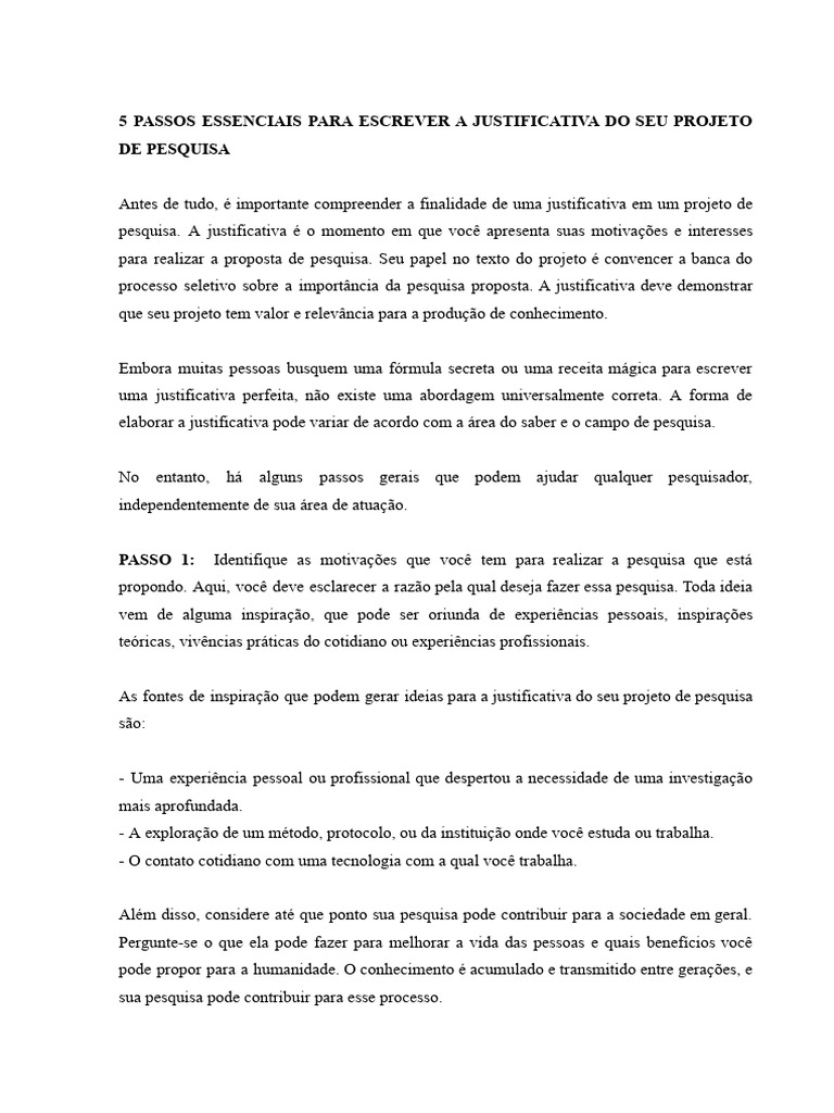 Justificativa de Projeto de Pesquisa: 5 Passos | PDF | Conhecimento ...