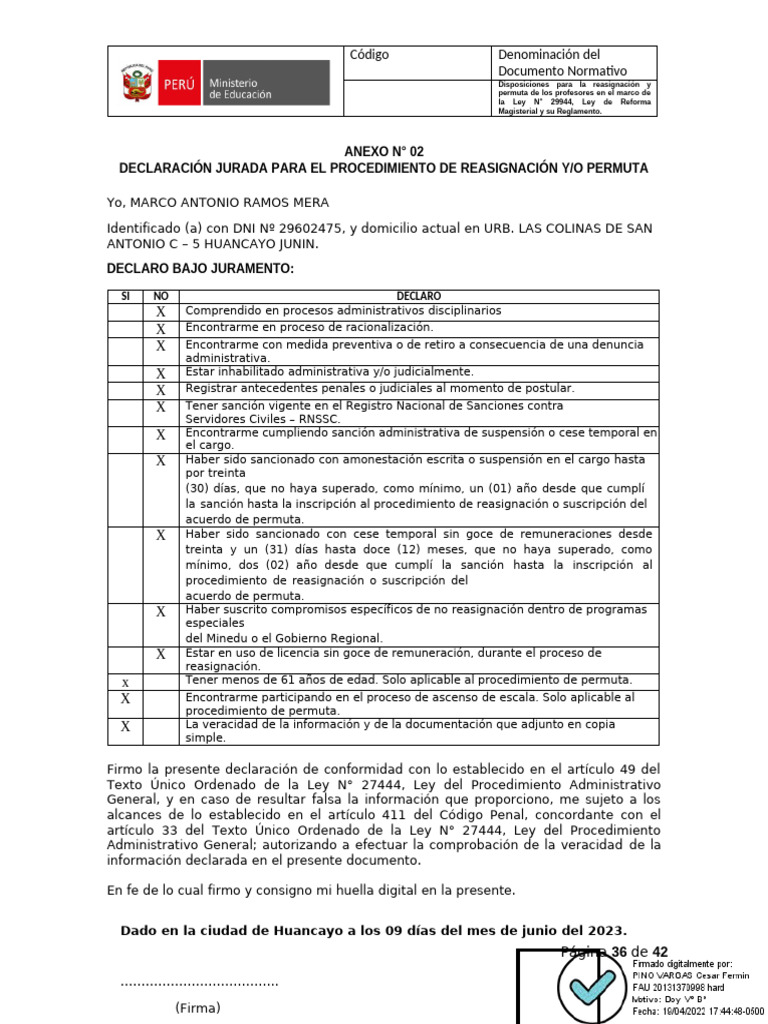 Declaración Jurada para Reasignación Docente | PDF | Documento de ...