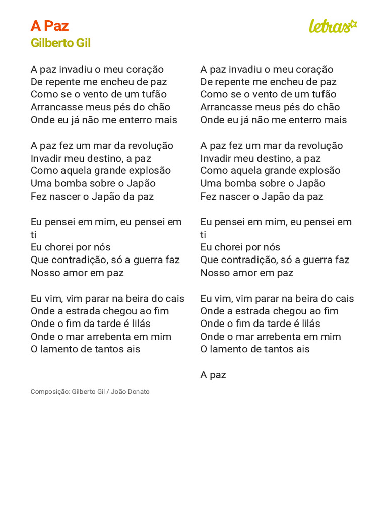 A PAZ - Gilberto Gil (Impressão) | PDF | Arte