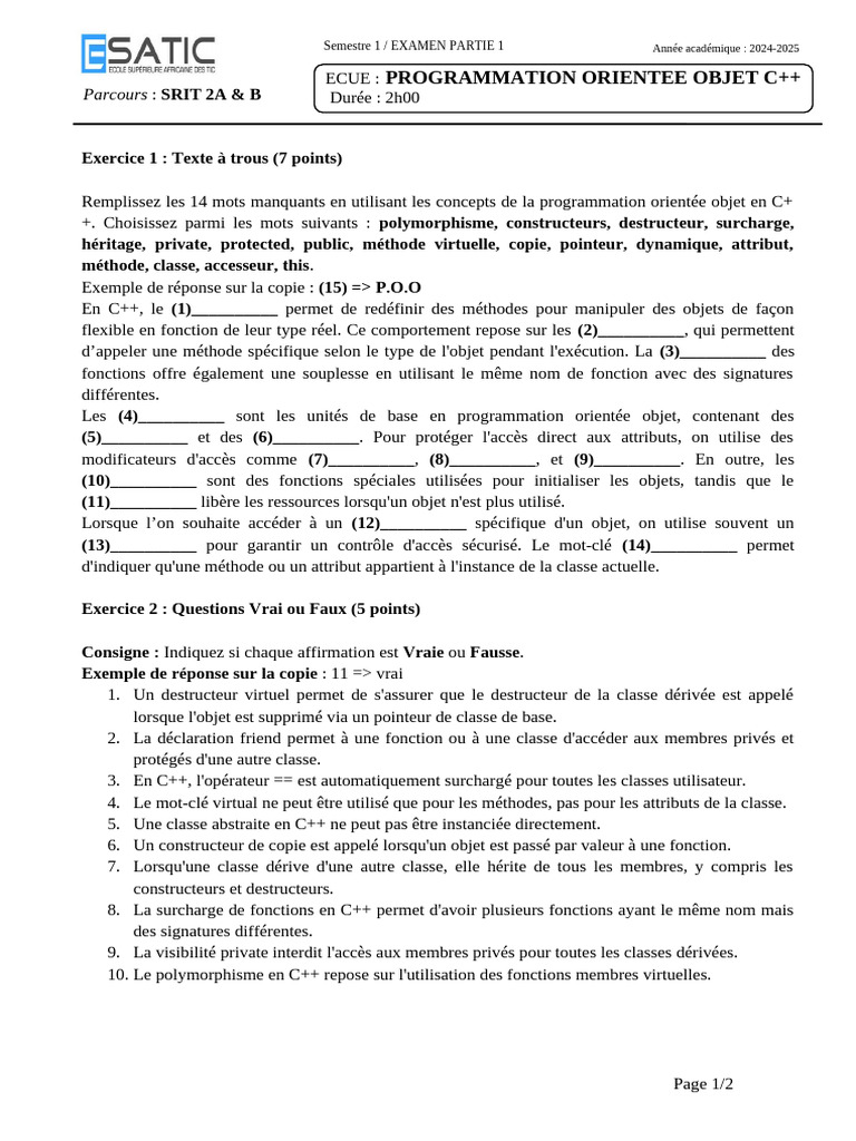 Examen POO C++ : Concepts et Exercices | PDF | Classe (informatique) | C