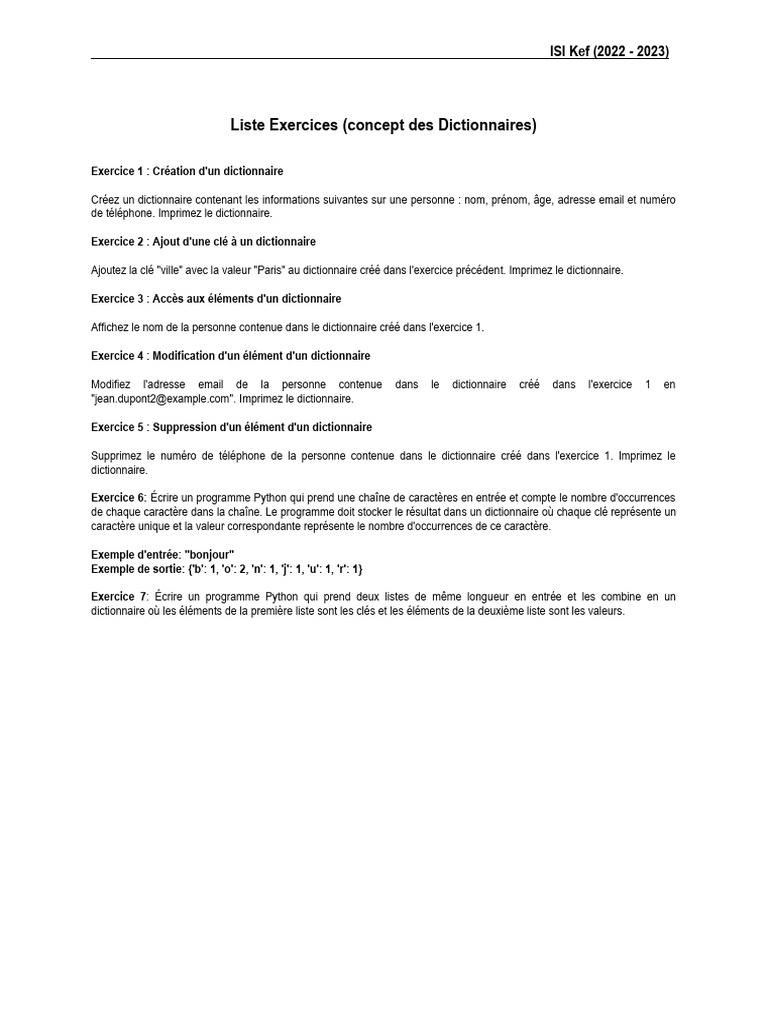 Exercices Pratiques sur Dictionnaires Python | PDF | Méthodes et ...
