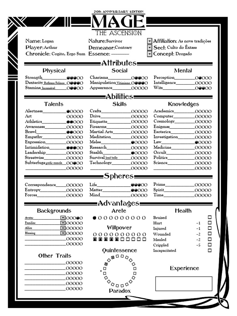 Mage 20th Anniversary Character Sheet PDF