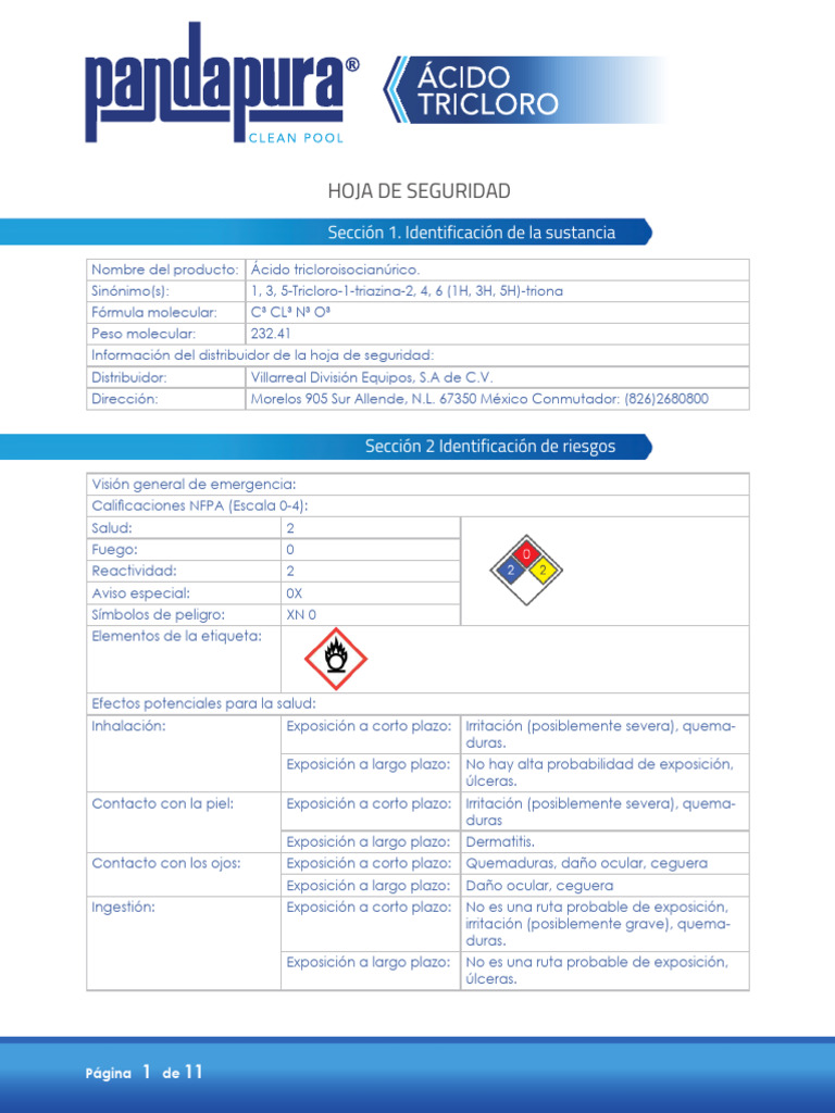 Hoja de Seguridad del Ácido Tricloroisocianúrico | PDF | Agua | Amoníaco