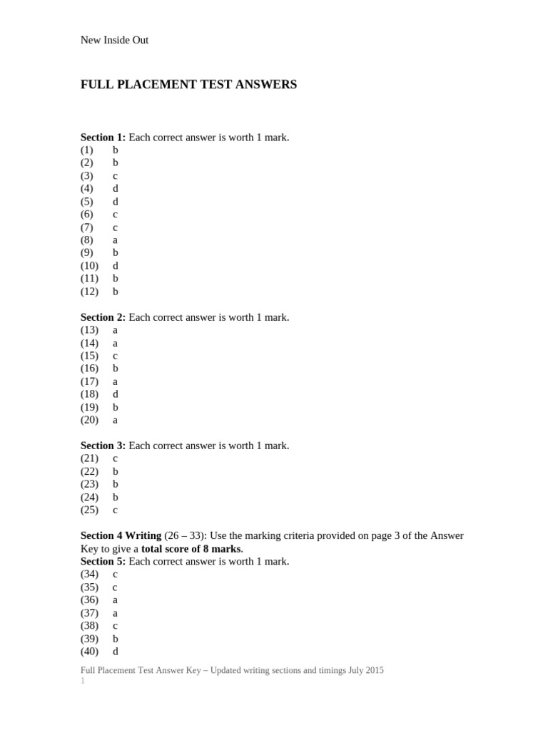 New Inside Out Placement Test Answers | PDF