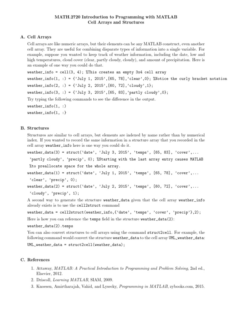 Notes On Cell Arrays and Structures s17 | PDF | Matlab | Computer ...