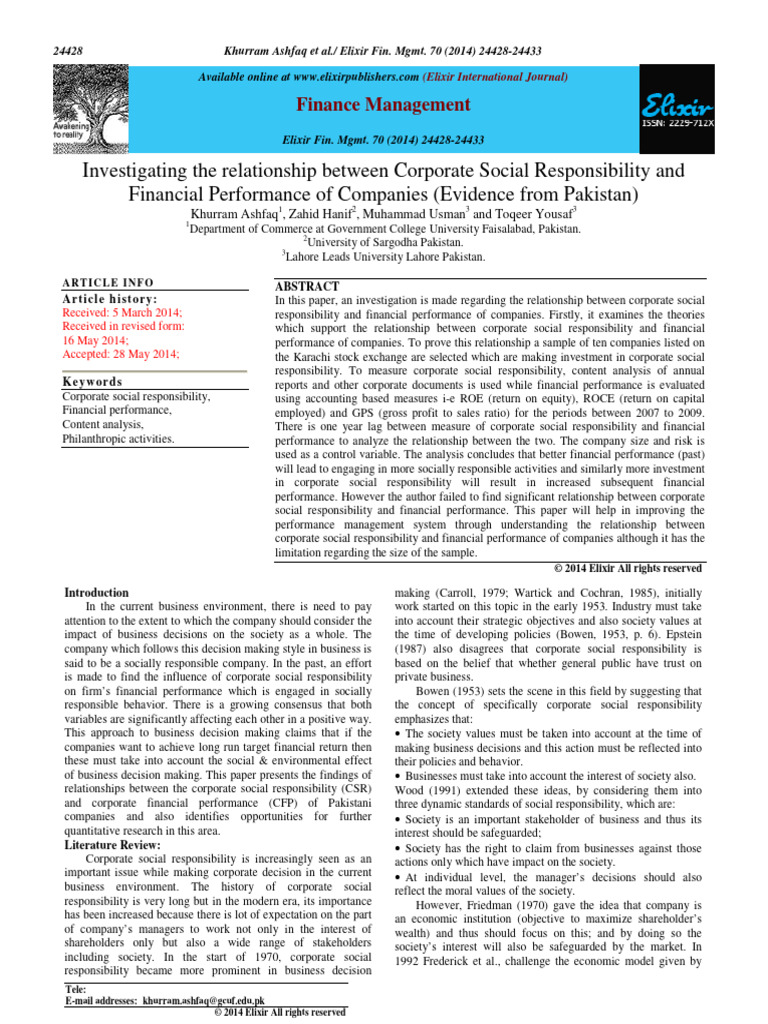 CSR and Financial Performance in Pakistan | PDF | Corporate Social ...