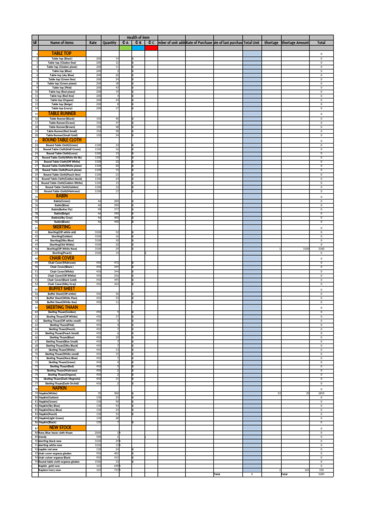 Inventory of Tableware and Linens | PDF | Color | Paper