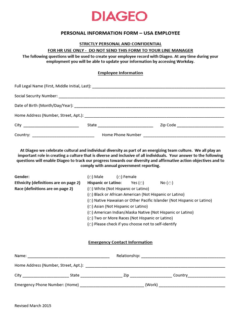 Diageo Employee Info Form | PDF | Race And Ethnicity In The United ...