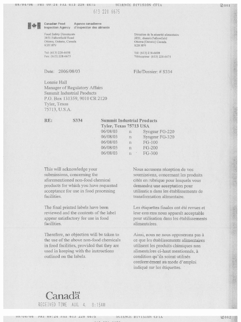 CFIA Approval Letter FG 100 - 300 | PDF