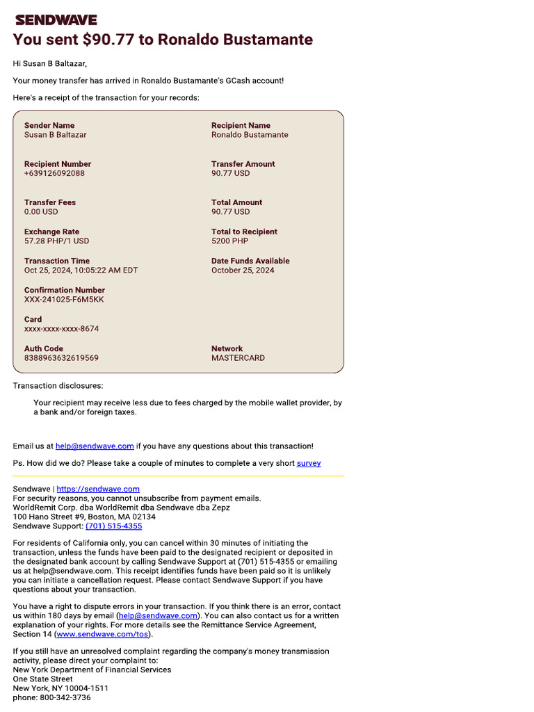 SendwaveReceipt 2024-10-25 | PDF