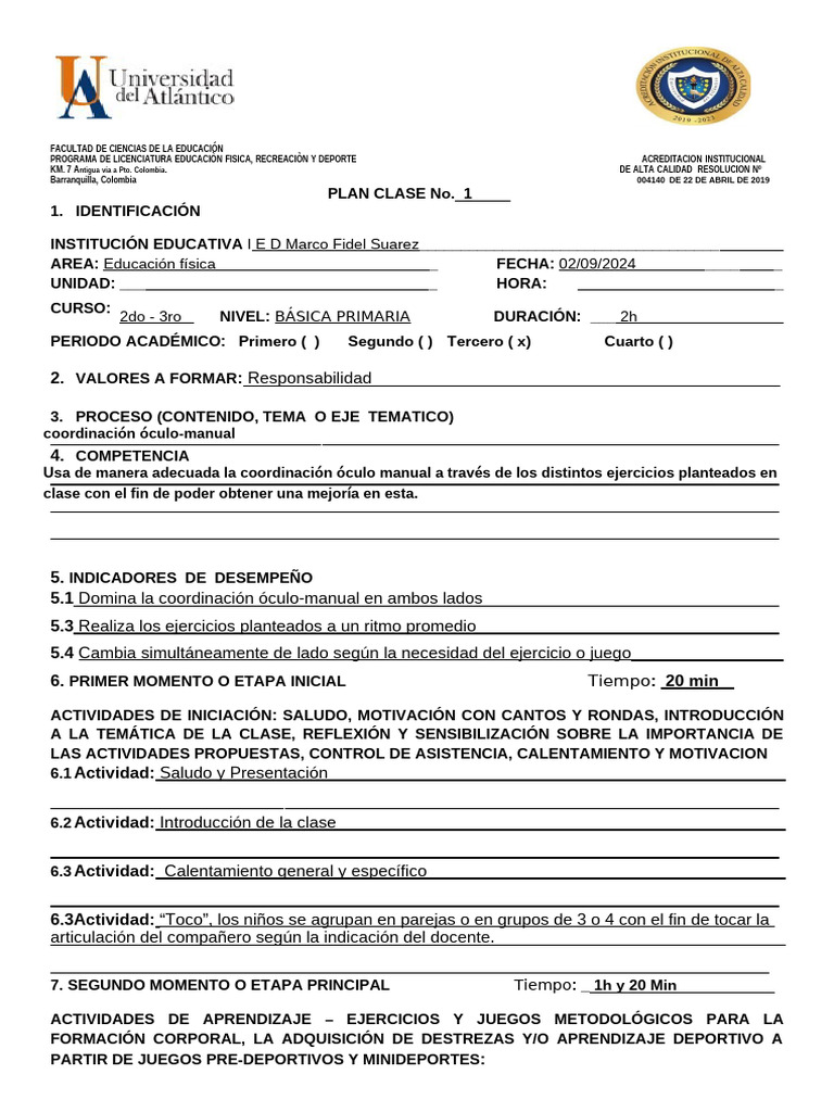 Plan de Clase de Educación Física Primaria | PDF | Aprendizaje ...