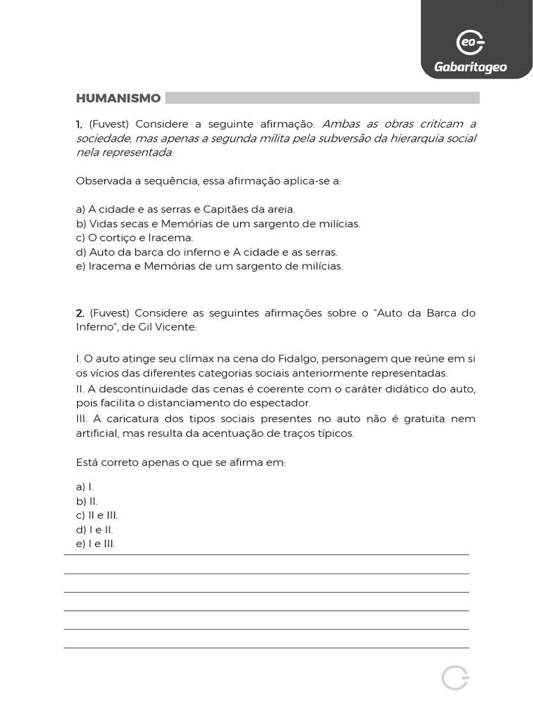Lista de exercicios humanismo pdf