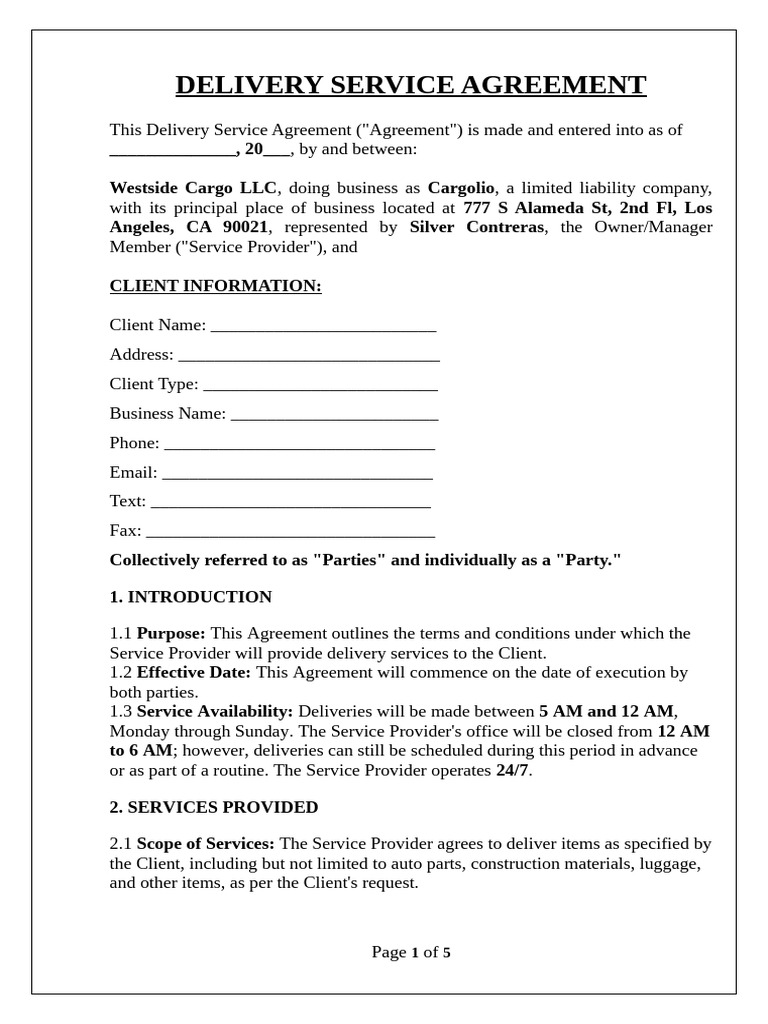 25 Delivery Service Agreement Pdf Indemnity Payments