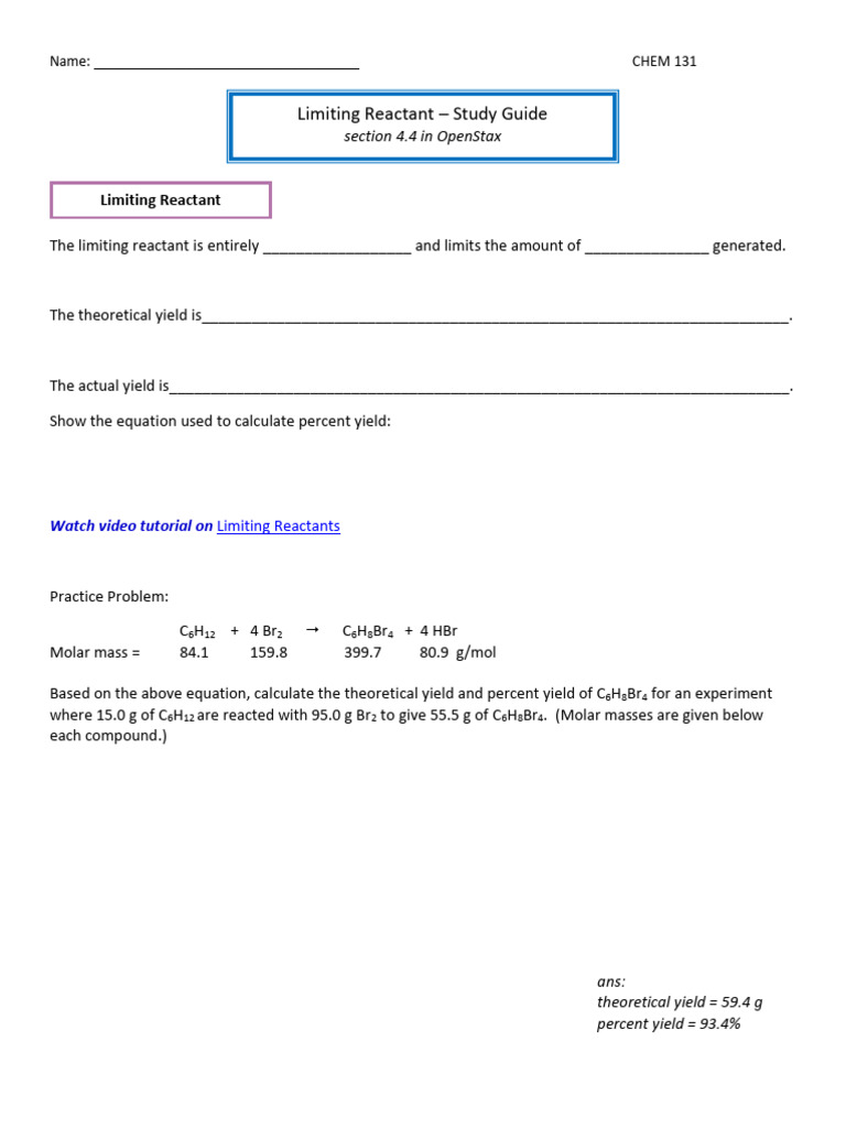04 Study Guide-Limiting Reactant | PDF
