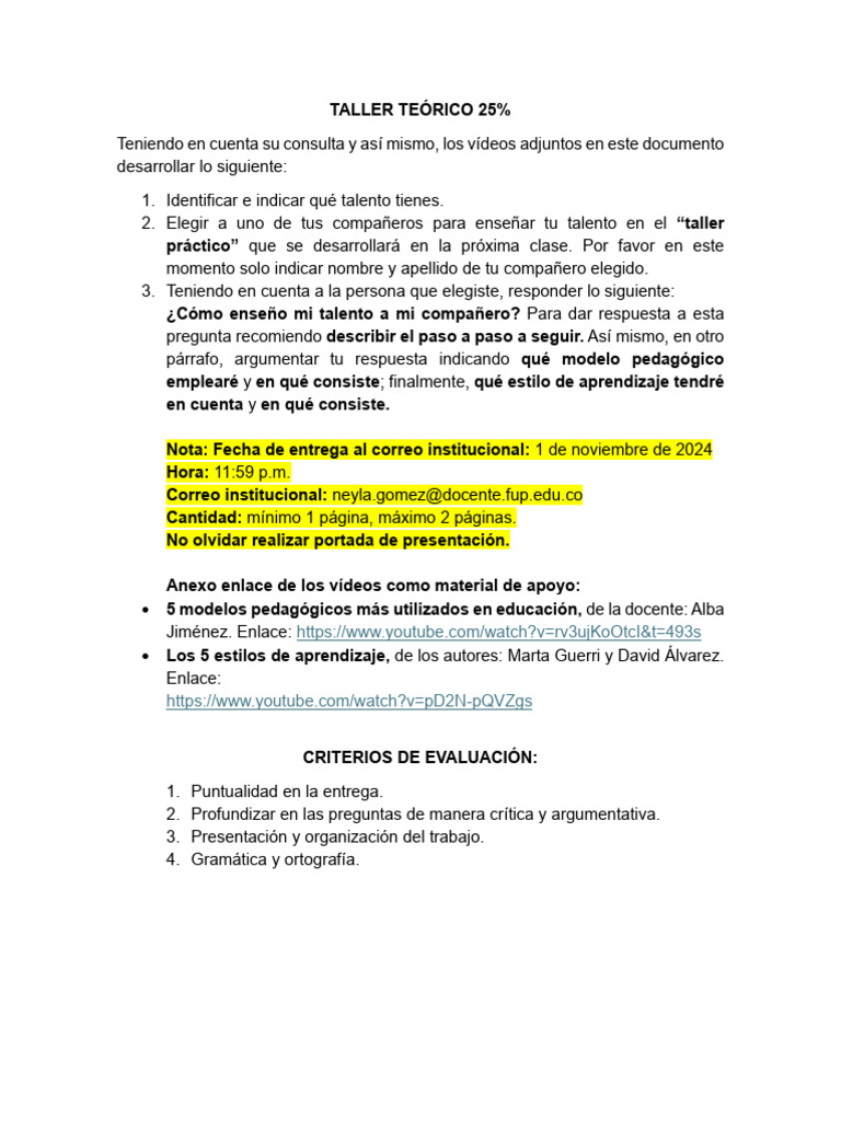 Taller de Talentos y Modelos Pedagógicos | PDF | Evaluación ...