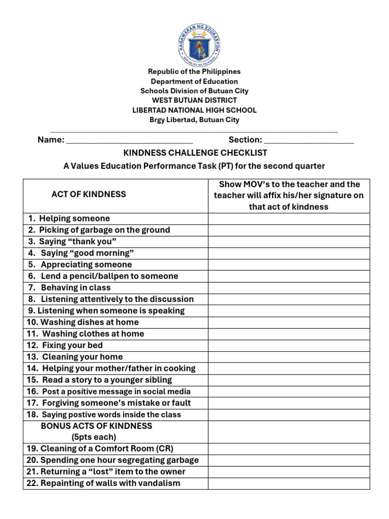 Kindness Challenge Checklist | PDF