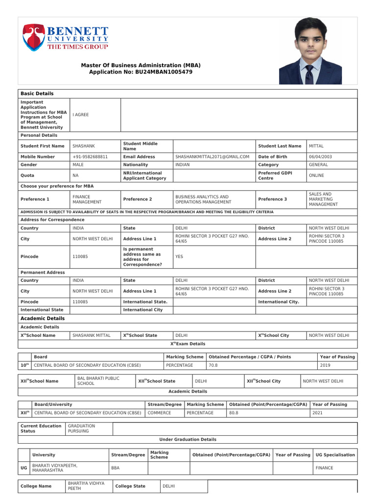 MBA Application for Shashank Mittal | PDF | Master Of Business ...