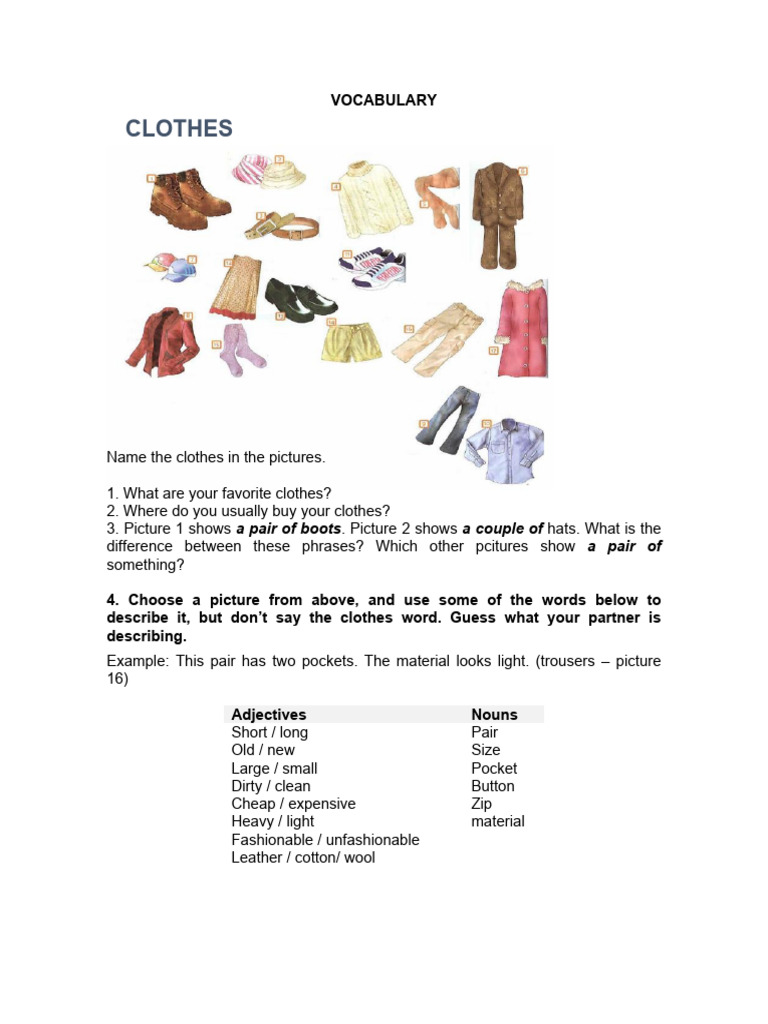 Clothing Vocabulary and Listening Exercise | PDF | Clothing | Trousers