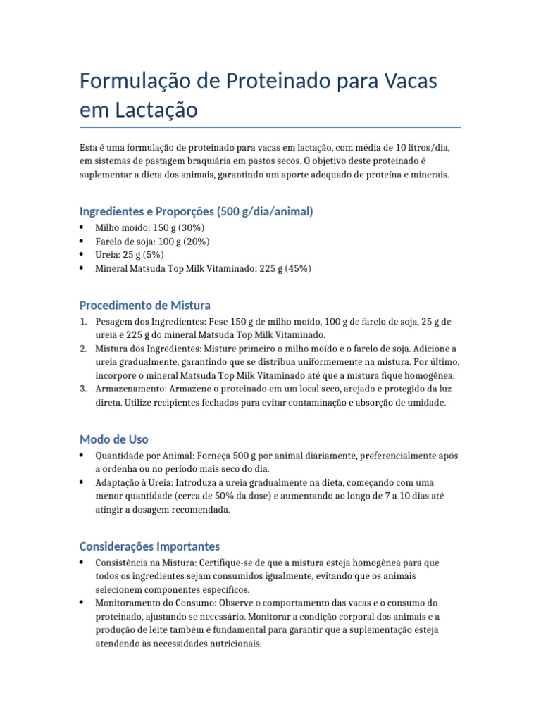 Formulação de Proteinado para Vacas Lactantes | PDF