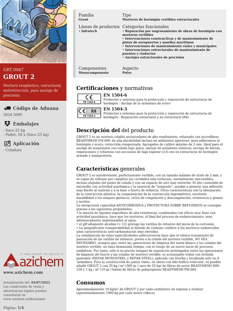 Mortero Grout 2: Alto Rendimiento Estructural | PDF | Hormigón | Agua