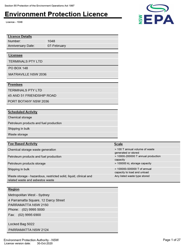 Environment Protection Licence 1048 Details | PDF | License | Waste