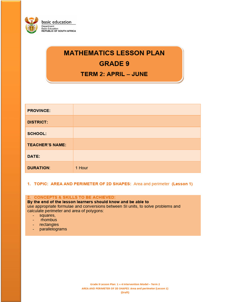 Grade 9 Area and Perimeter Lesson Plan | PDF | Area | Geometry