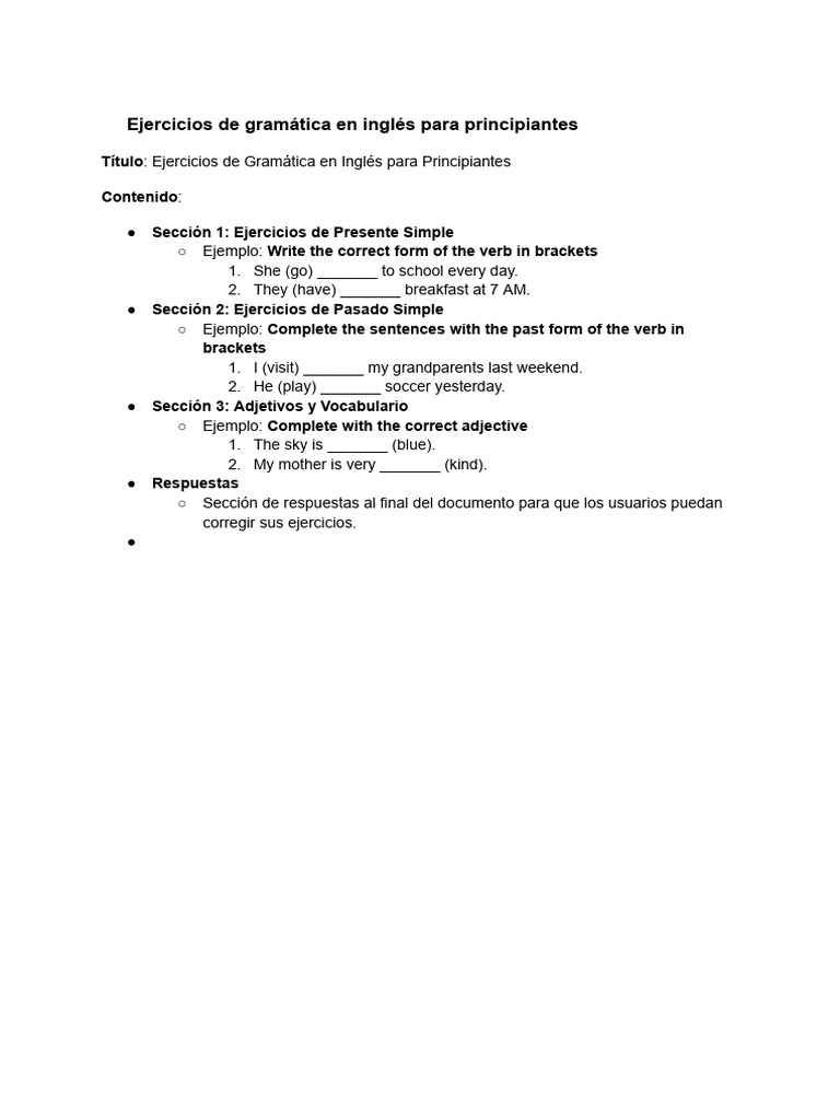 Ejercicios de Gramática en Inglés para Principiantes | PDF | Artes del ...