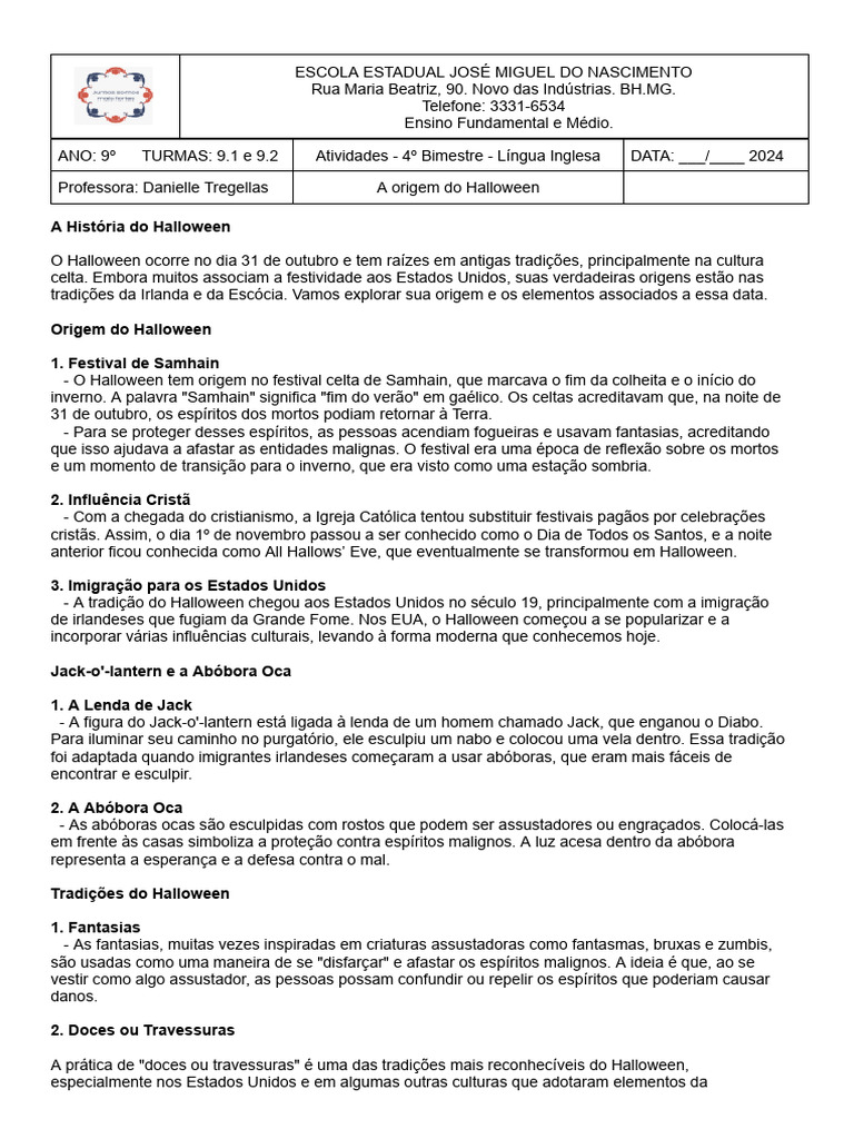 9 ano a origem do halloween pdf dia das bruxas