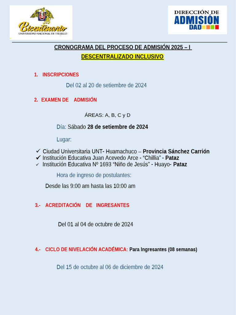 CRONOGRAMA DEL PROCESO DE ADMISIÓN 2025 inclusiva PDF