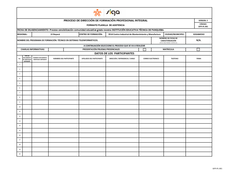 GFPI-PL-001 Registro de Asistencias | PDF