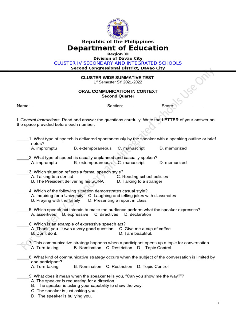 Cluster Wide Summative Test: Oral Communication | PDF | Conversation ...