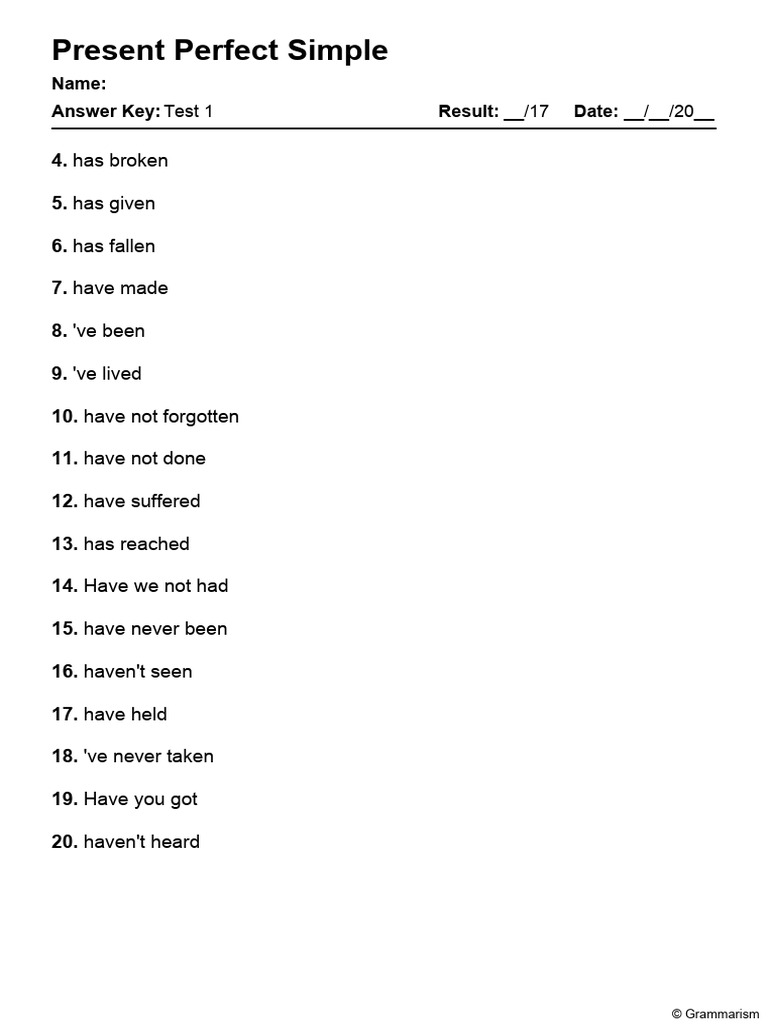 Grammarism Present Perfect Test 1 Answers 2357064 | PDF