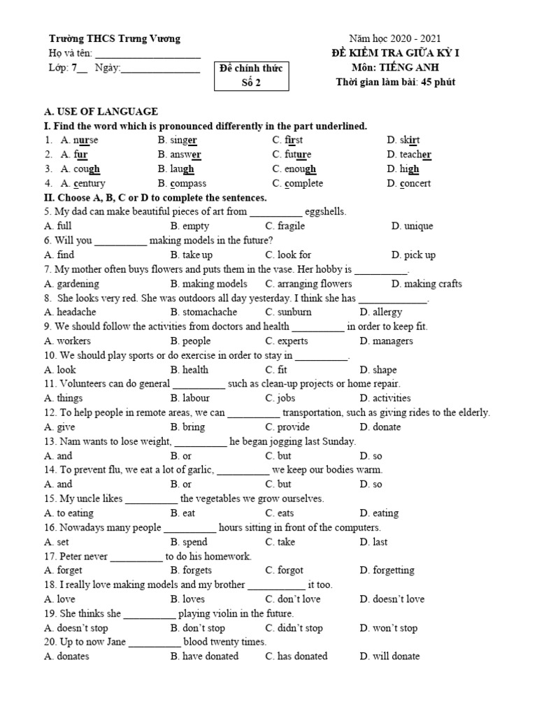 Grade 7 - 1 ST Midterm Test - 20-21 34fe4f0454 | PDF | Hobbies