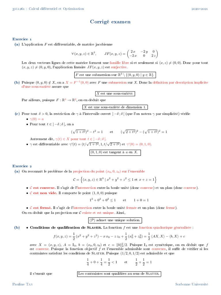 Corrigé d'Examen : Calcul Différentiel et Optimisation | PDF ...
