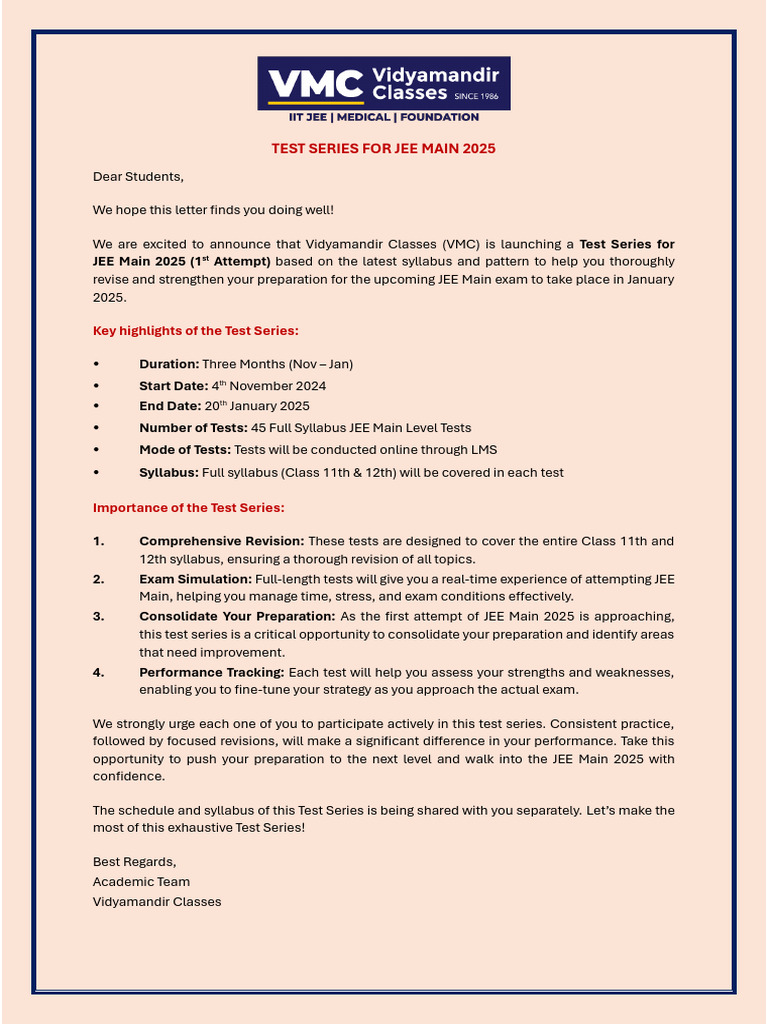 VMC Test Series for JEE Main 2025 | PDF | Career & Growth