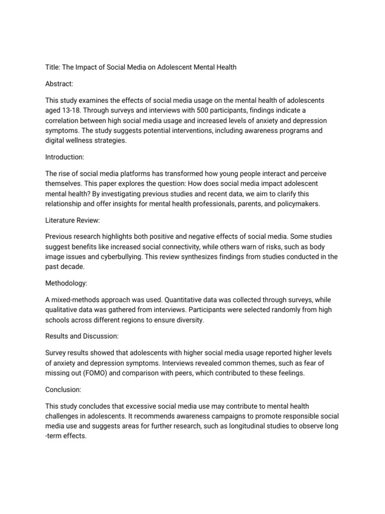 The Impact of Social Media On Adolescent Mental Health | PDF