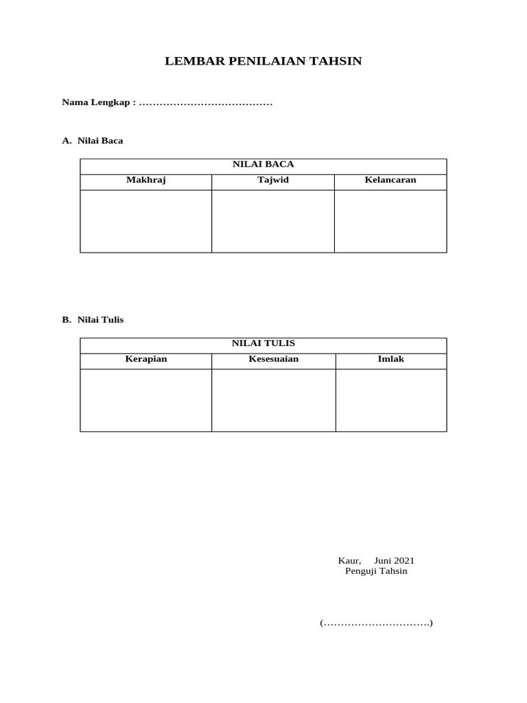 Lembar Penilaian Tahsin | PDF