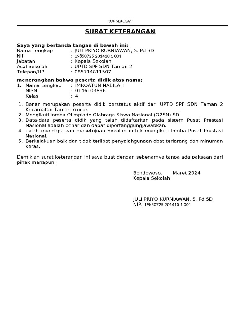 Surat Keterangan dan Izin O2SN SD | PDF | Kesehatan Holistik