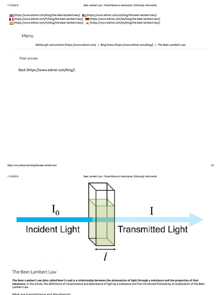Beer Lambert Law Transmittance Absorbance Edinburgh Instruments