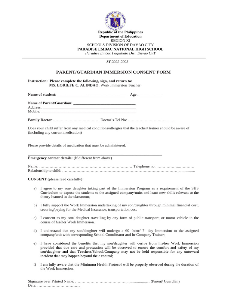 Parent Consent for Work Immersion Program | PDF