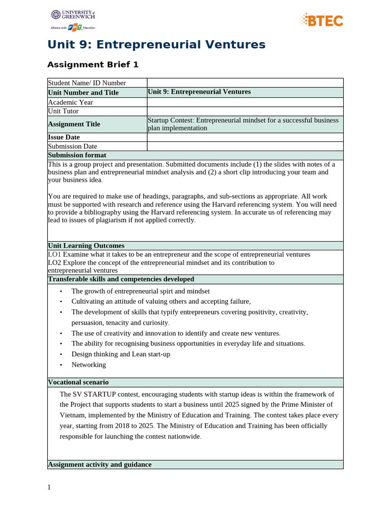 Unit 9 - 5047 - Assignment Brief 1 Guideline | PDF