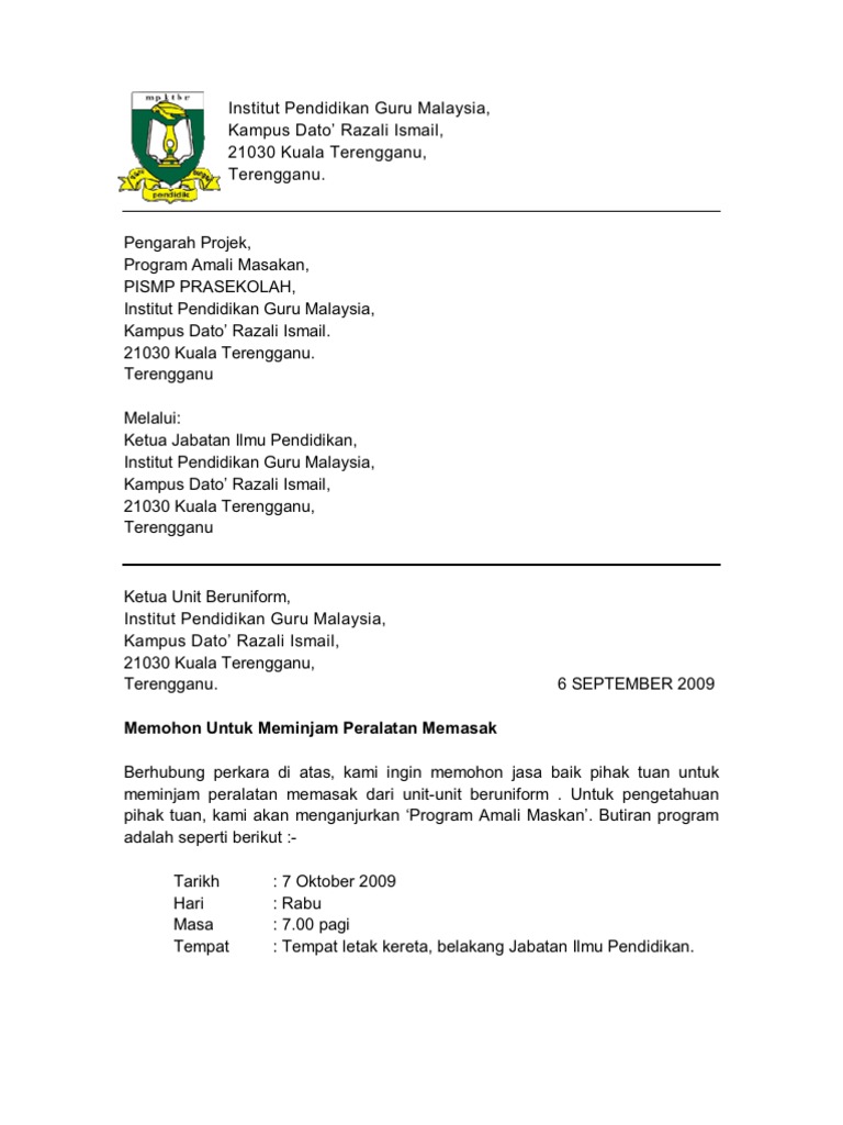 Format Surat Rasmi Meminjam Peralatan - Gapura N