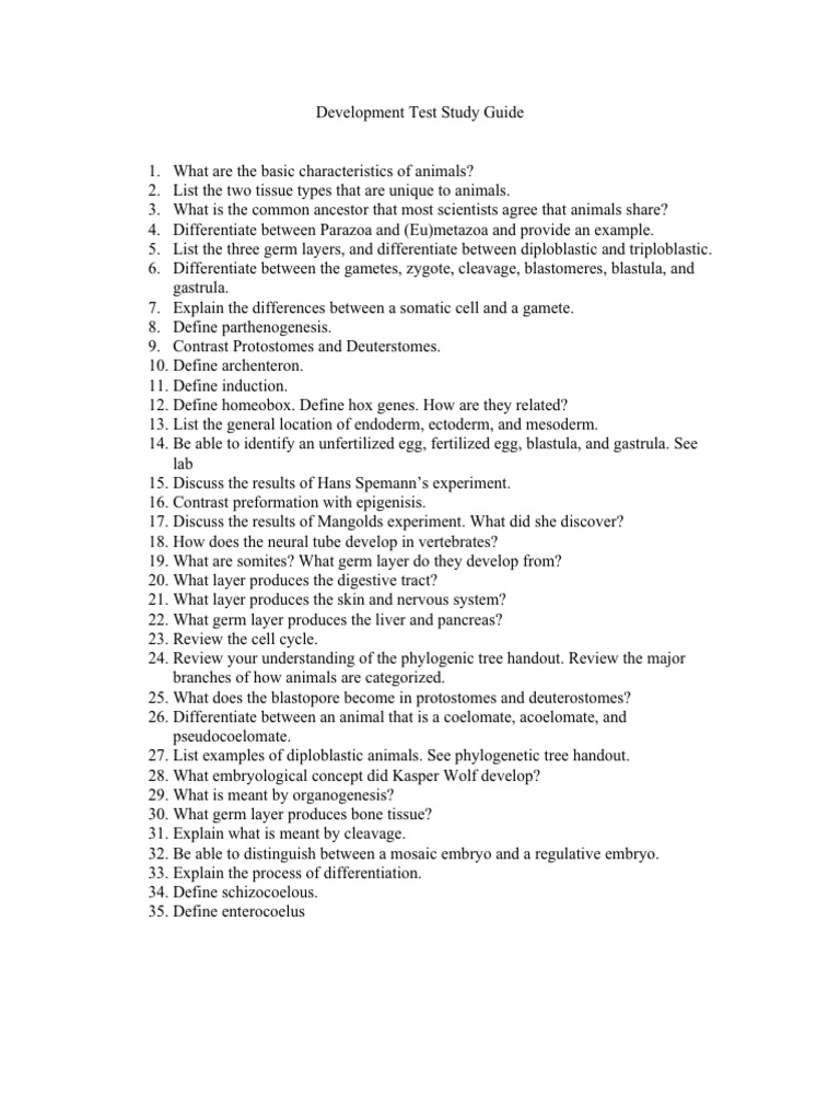 Early Embryology and Patterns of Development Study Guide | PDF