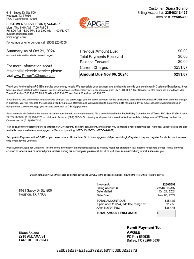 APG&E Invoice Summary for Diana Solano | PDF