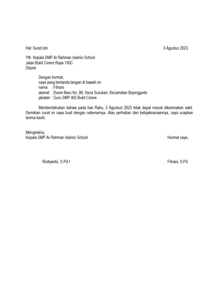 Surat Izin Sakit Guru SMP AIS | PDF